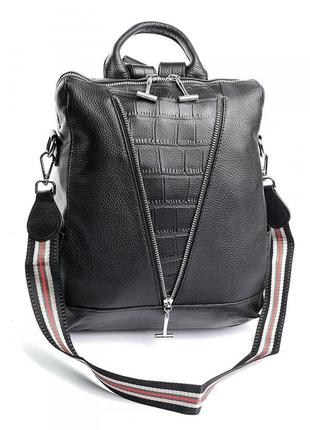 Женский кожаный городской рюкзак сумка с тиснением под рептилию чорний рюкзак натуральна шкіра1 фото