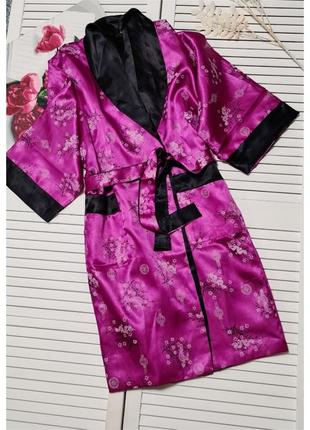 Шикарный двусторонний атласный длинный халат кимоно с вышивкой5 фото