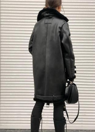 Женская дубленка aviator из эко-кожи 90 см черного цвета, с эко-мехом под мутона, , до -15°5 фото