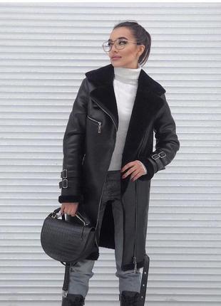 Женская дубленка aviator из эко-кожи 90 см черного цвета, с эко-мехом под мутона, , до -15°2 фото