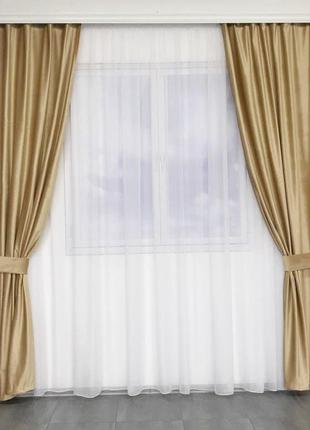 Портьерная ткань для штор бархат золотисто-бежевого цвета8 фото