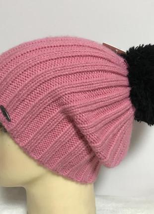 Молодіжна рожева одинарна шапка з бубоном пов'язана гумкою2 фото