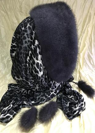 Жіноча косинка капор з хутра норки горіх на леопардової тканини4 фото
