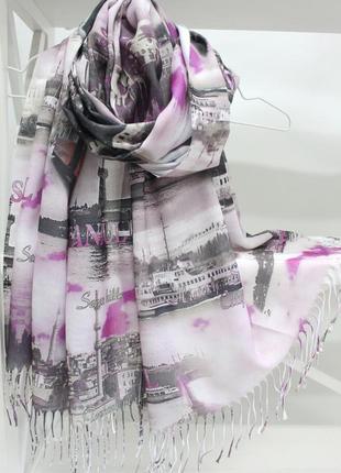 Барвистий жіночий шарф палантин з бавовни з принтом 70 х180 + бахрома