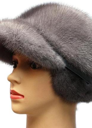 Серая зимняя женская кепка  из норки модель " жокейка классика "
