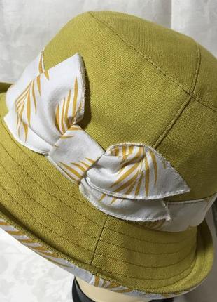 Шляпа панама льняная средние поля с бантом цвет горчица1 фото