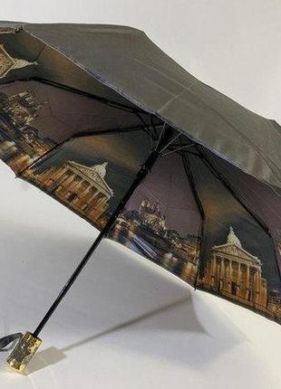 Женский  зонт полуавтомат 9 спиц с двойной тканью и городами внутри черный