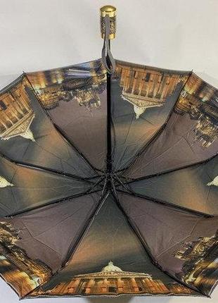 Женский  зонт полуавтомат 9 спиц с двойной тканью и городами внутри черный5 фото