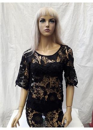 Туника-халат пляжная чёрная кружевного гипюра с рукавом m xl