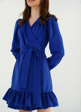 Платье на запах с рюшами синее leman lm4439-21 фото