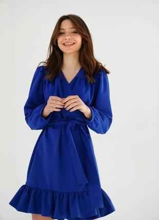 Платье на запах с рюшами синее leman lm4439-22 фото