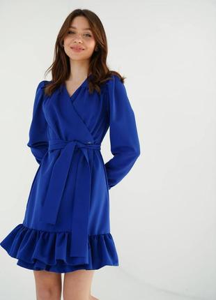 Платье на запах с рюшами синее leman lm4439-23 фото