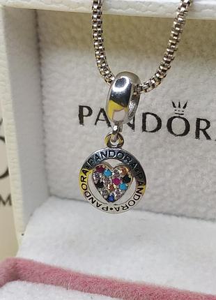 Шарм подвеска стерлинговое серебро 925 проба цирконий разноцветные камни сердечко сердце логотип бренда надпись кулон в стиле пандора