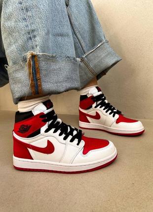 Nike jordan 1 retro white/ university red брендовые высокие красные белые трендовые кроссовки найк джордан весна осень високі червоні білі кросівки