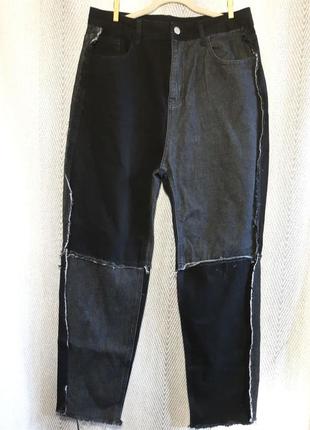 Джинсы в стиле пэч ворк. женские брендовые двухцветные джинсы мом, высокая посадка.пэчворк1 фото