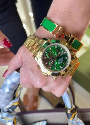 Часы наручные женские зелёные золотистые брендовые в стиле ролекс rolex