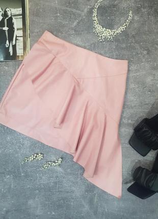Красивая  мини юбка  с воланом кожзам искусственная кожа эко кожа пудра розовая by very