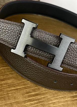 Ремень кожаный двум брендовый черный хаки в стиле hermes