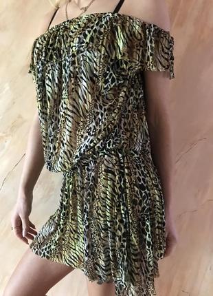 Платье-туника из сетки с коричнево-бежевым леопардовым принтом размер 44-483 фото