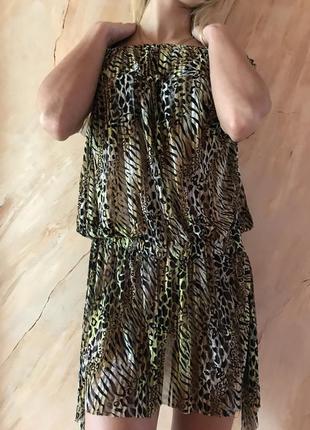 Платье-туника из сетки с коричнево-бежевым леопардовым принтом размер 44-487 фото