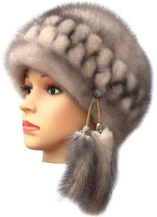Бежевая норковая  шапка модель "конфетка резаная 2 ряда "