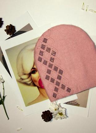 Женская шапочка из ангоры украшенная мелкими камнями розовая и коричневая6 фото