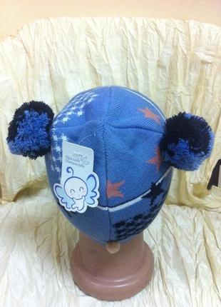 Зимова блакитна шапочка для хлопчика з вушками -помпонами6 фото