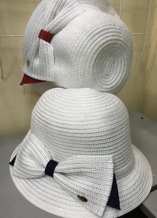 Летняя шляпка с полями на верх же белый украшены бантом  красным6 фото