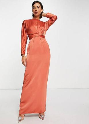 Атласное платье макси рыжего цвета с рукавами «летучая мышь» и запахом на талии asos design