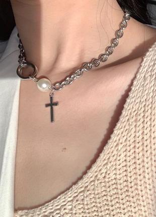 Цепочка с крестом и жемчужинкой