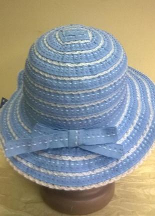 Летняя детская шляпка для девочки поле 4.5 см из ленты цвет -голубой с белыми полосками