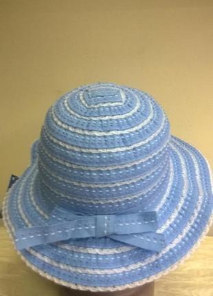 Літня дитяча шапочка для дівчинки поле 4.5 см стрічки колір -блакитний з білими смужками3 фото