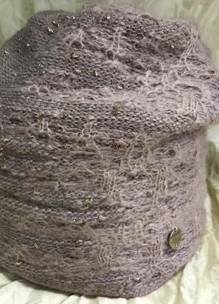 Шапочка женская шерстяная цвет пудра с разной текстурой плетения