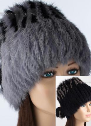 Двухцветная только  чёрная меховая шапка из кролика на вязанной  основе1 фото