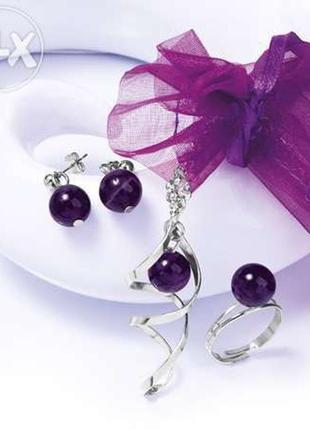 Набір з аметистом ів роше, кільце, сережки, кулон