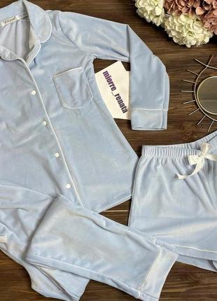 Мягкая голубая пижамка пубашка шорты штаны, домашний костюм велюровый, комплект для дома и сна, пижама тройка, плюшева піжама трійка2 фото