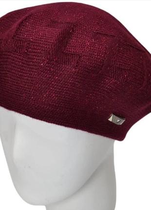 Зимний женский берет двойной теплый шерстяной украшенный люрексом lirus тетрис бордовый