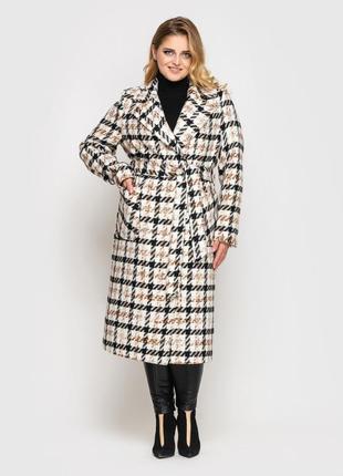 Модное демисезонное пальто в принт "гусиная лапка" цвет белый, больших размеров от 50 до 56