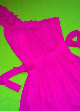 Шикарное малиновое  шифоновое платье на одно плечо к выпускному недорого.2 фото