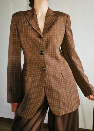 Пиджак коричневый в клетку жакет s лен приталенный винтажный1 фото
