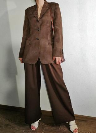 Піджак коричневий в клітку жакет s льон приталений вінтажний2 фото