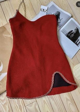 Плаття ошатне з камінням із вирізом червоне zara оригінал2 фото