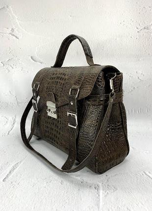 Стильна шкіряна сумка саквояж коричнева, натуральна шкіра під крокодила2 фото