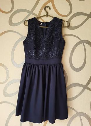 Стильное синее платье с пайетками модное короткое красивое