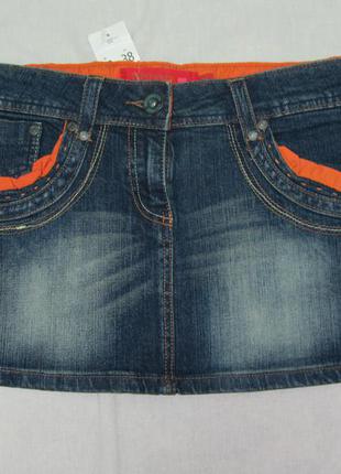 Юбка джинсовая синяя с оранжевым короткая, сток, размер 10, соответствует s/m