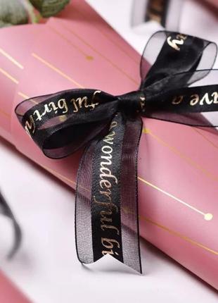 Декоративная лента рулон с надписью с днём рождения английский happy birthday упаковка атлас черное1 фото
