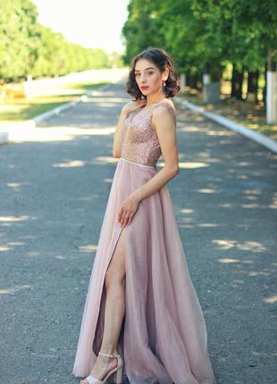 Выпускное вечернее платье розовое,пыльная роза с блестками1 фото