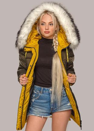 Зимняя женская куртка цвета хаки с белым мехом