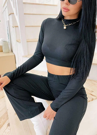 Трендовый женский прогулочный костюм рубчик топ и брюки с завышенной талией 125ко