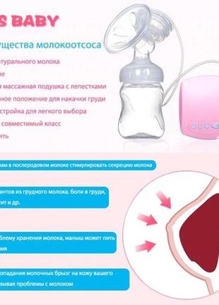 Электрический молокоотсом miss baby breast pumb + массажная насадка3 фото